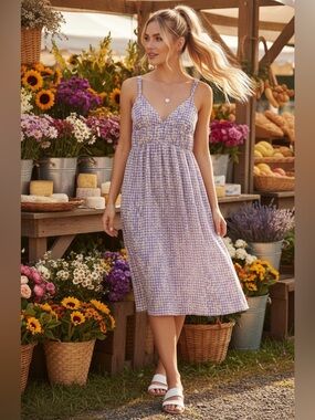 ALL IN FAVOUR Lavender Gingham Floral Smocked Midi Dress
